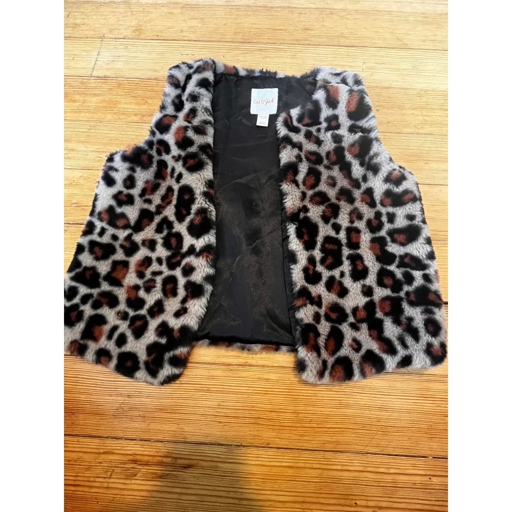 Cat & Jack Girls Faux Fur Leopard Print Vest Brown Black Size S 6X Animal Print